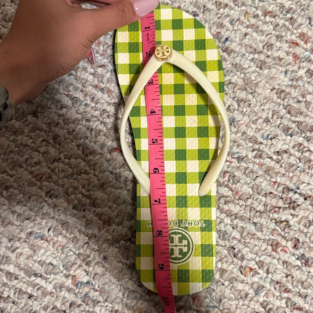 Tory Burch Flip Flop Slip Strap Green Plaid Checkered Sandals- Size 8 - Picture 7 of 8